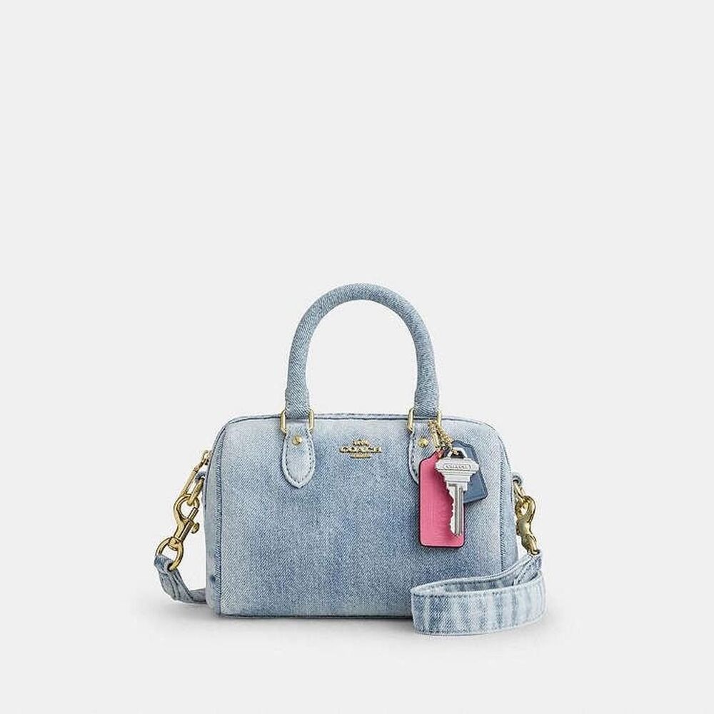 Coach Mini Rowan Crossbody Bag In Loved Denim With Charms